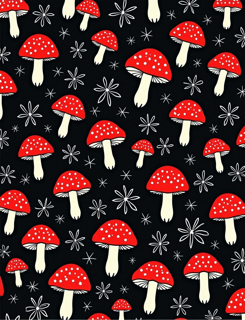 Whimsical Red Mushroom Black Background Rug