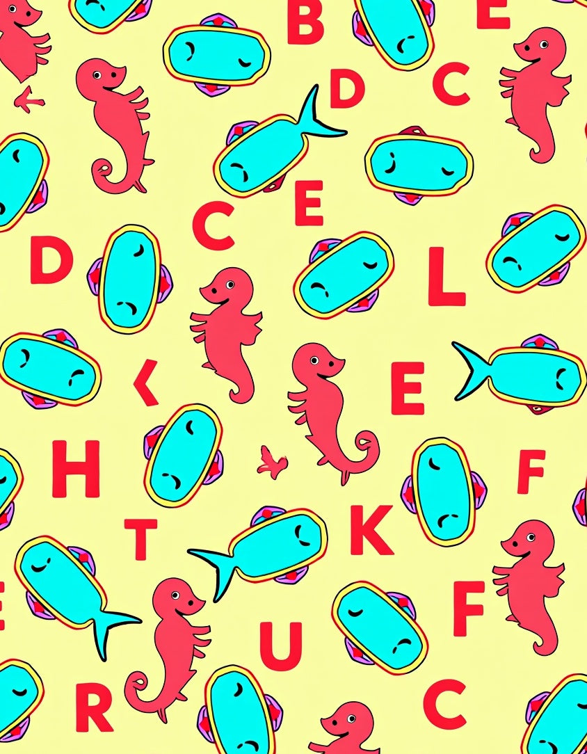 Red Seahorses Aqua Fish Letters Rug