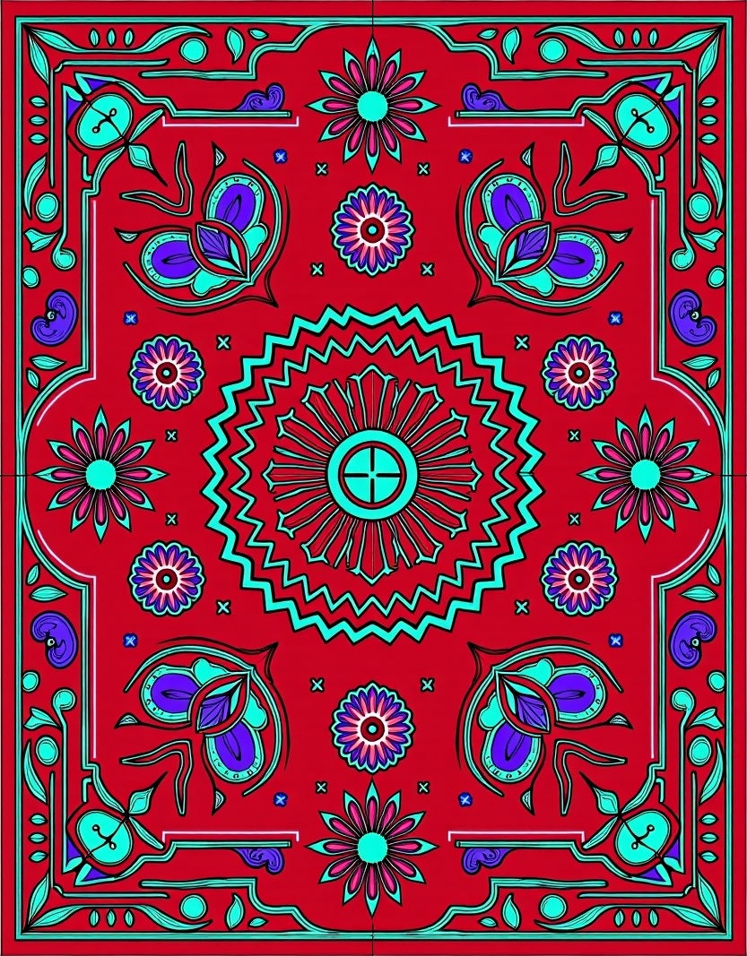 Vibrant Red Teal Floral Medallion Rug