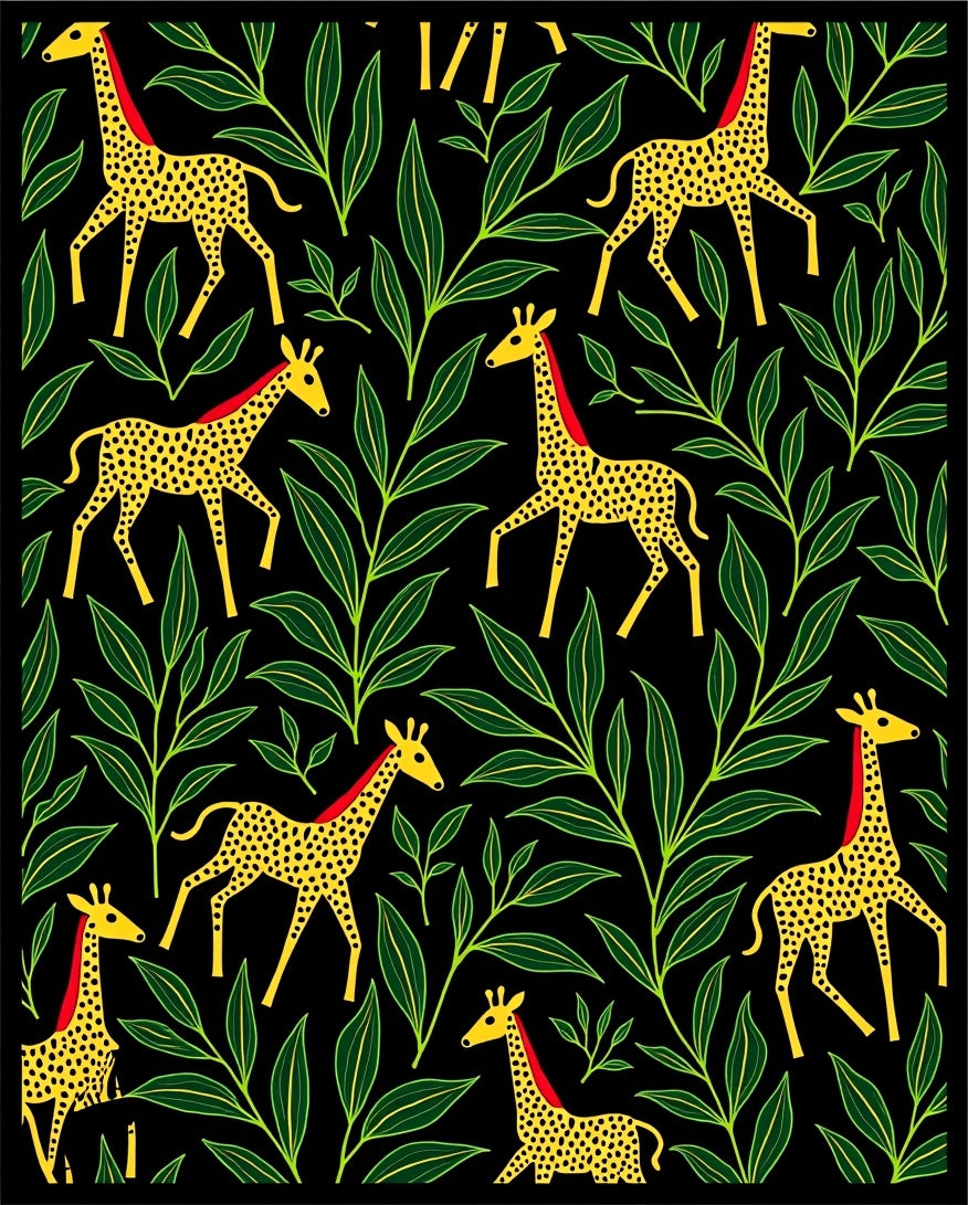 Yellow Giraffe Green Leaf Black Background Rug