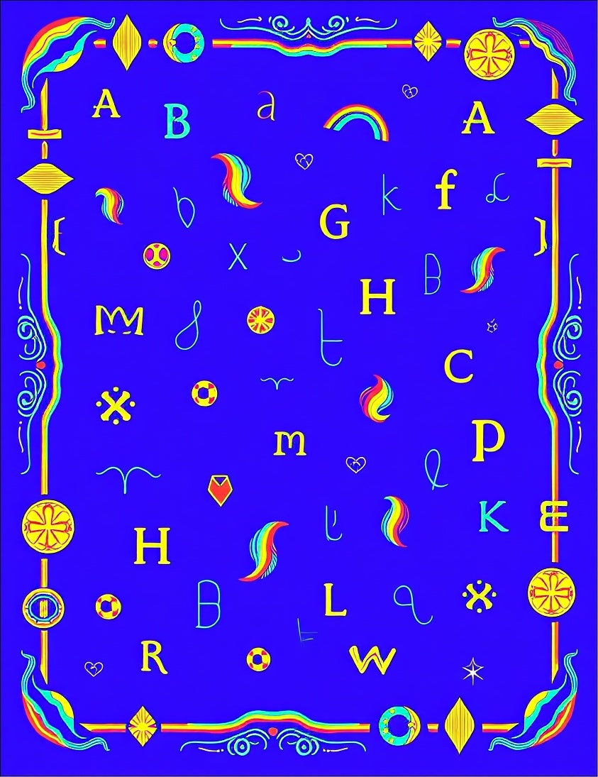Rainbow Alphabet Bordered Blue Rug