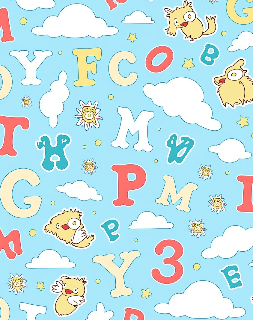 Whimsical Yellow Monster Alphabet Clouds Rug