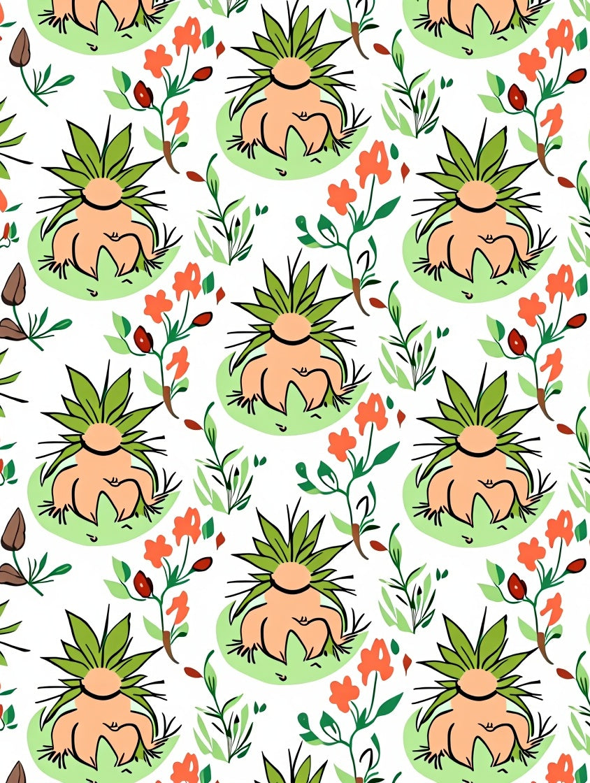 Whimsical Orange Floral Green Creature Rug
