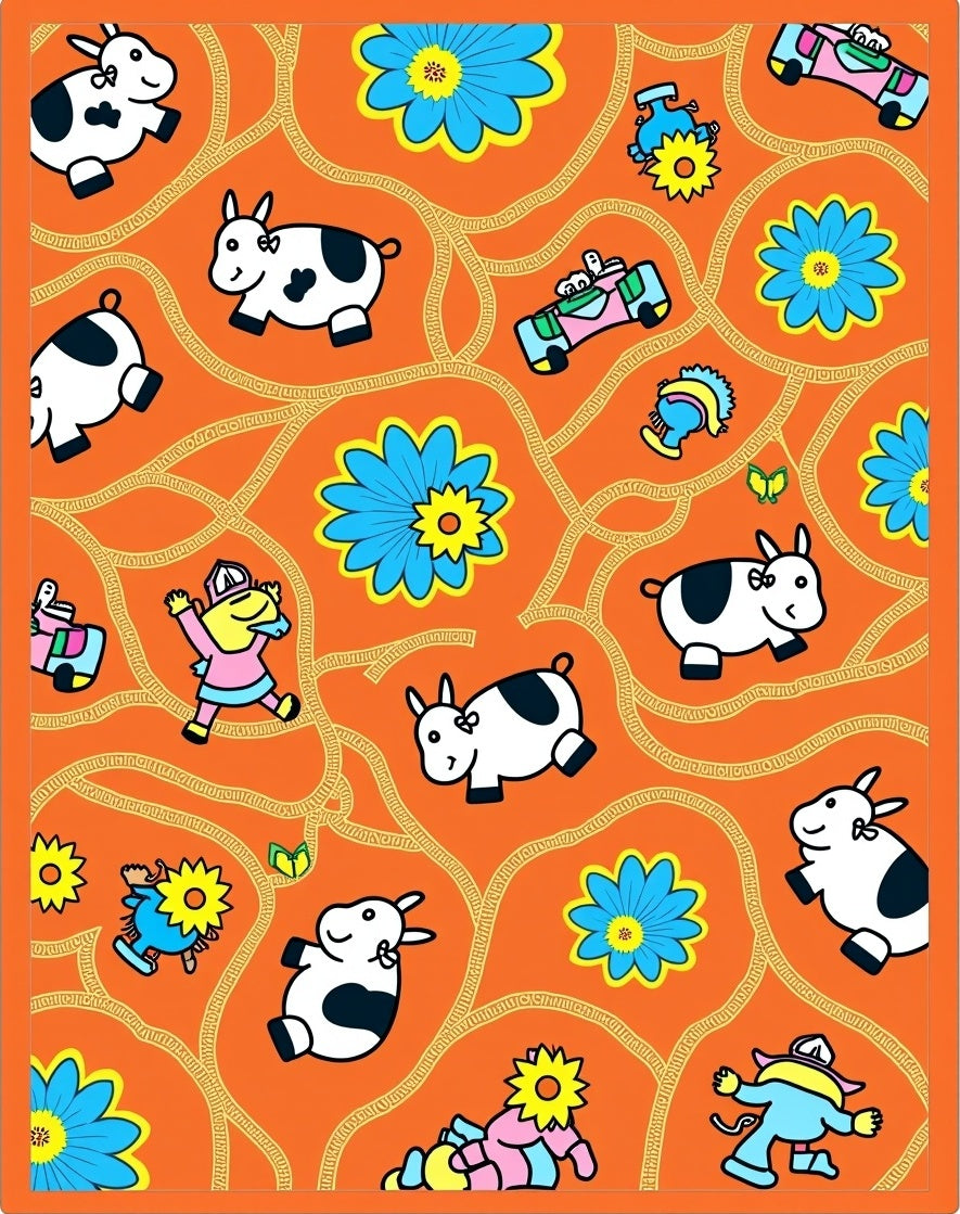Whimsical Orange Cow Flower Collage Rug