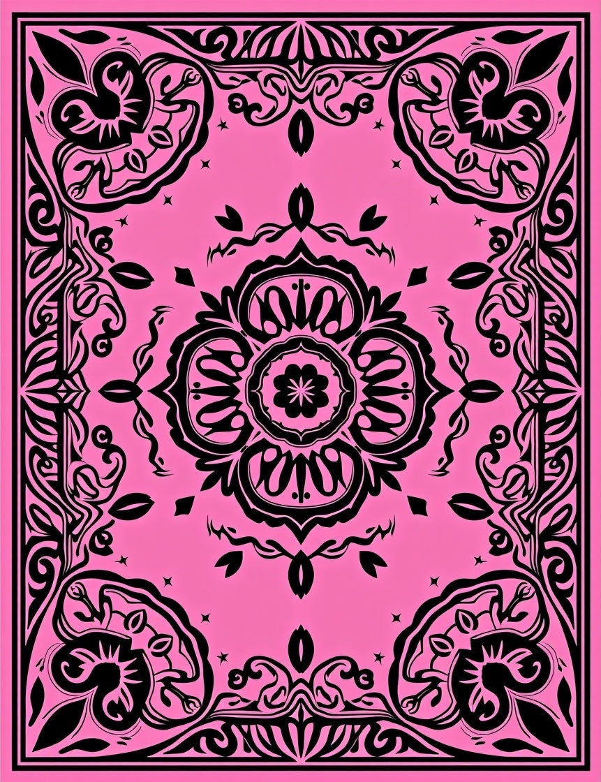 Pink Black Floral Medallion Swirl Rug