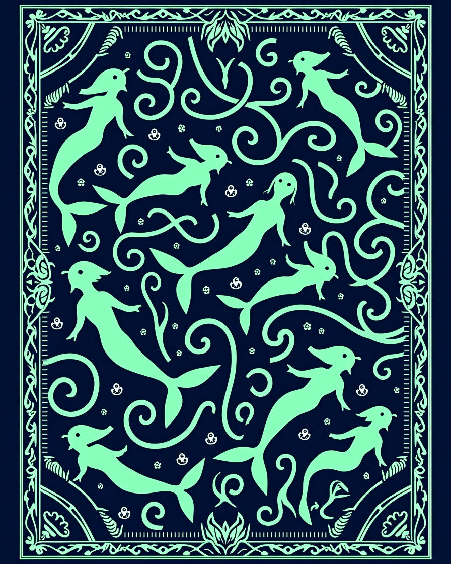 Aquatic Mermaids Neon Whimsical Navy Rug