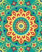 Vibrant Teal Floral Mandala Rug