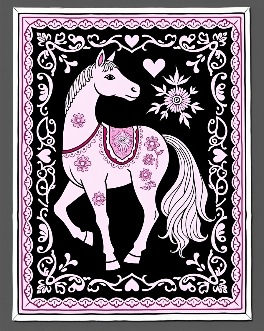 Pink Horse Floral Heart Border Rug