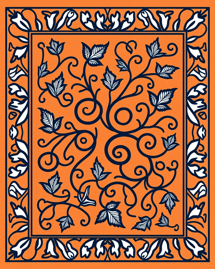 Orange Vine Leaf Scrollwork Border Rug