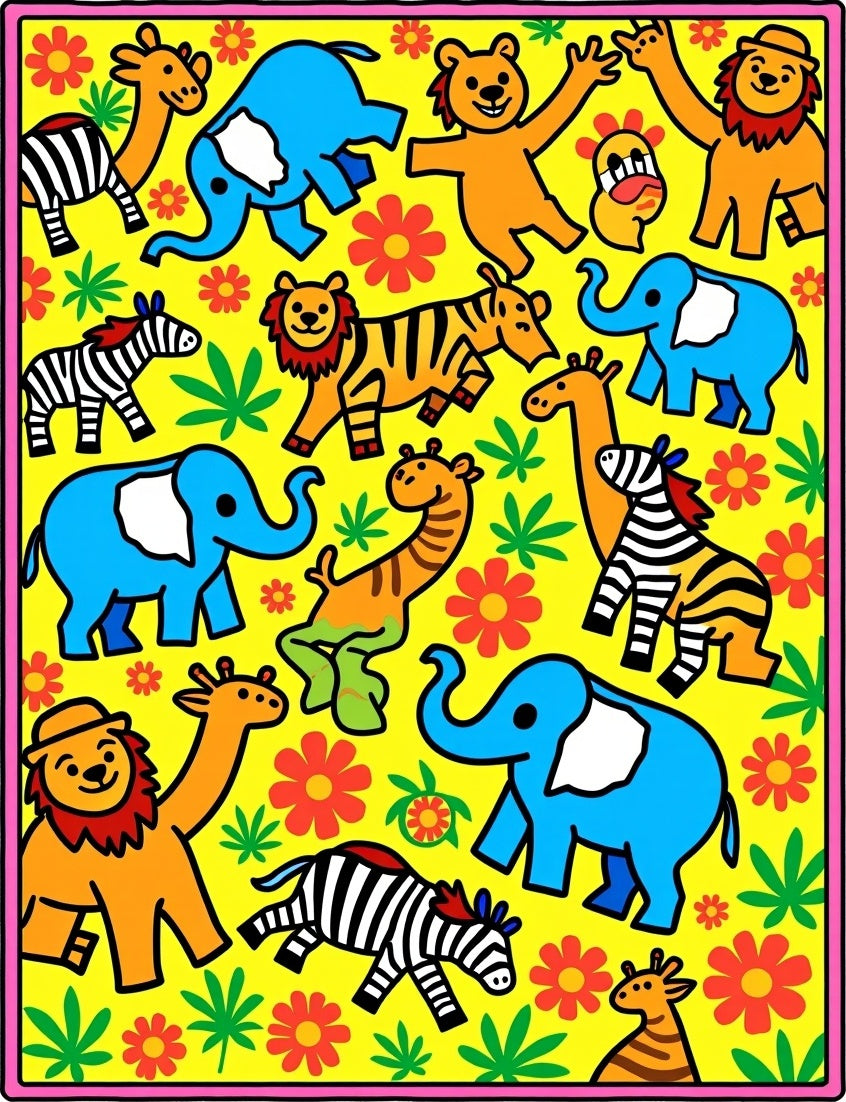 Whimsical Animals and Flowers Yellow Rug