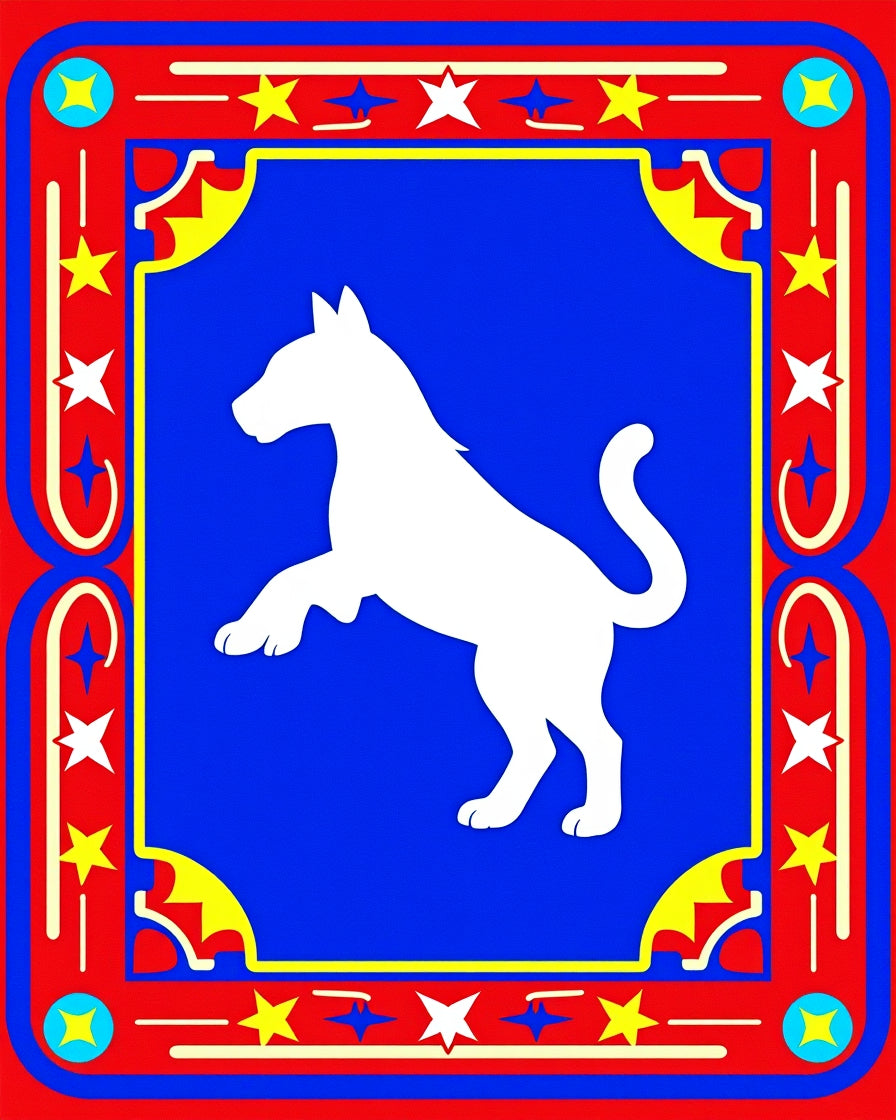 Red Blue White Dog Star Border Rug