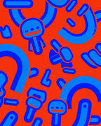 Funny Blue Characters Orange Background Rug