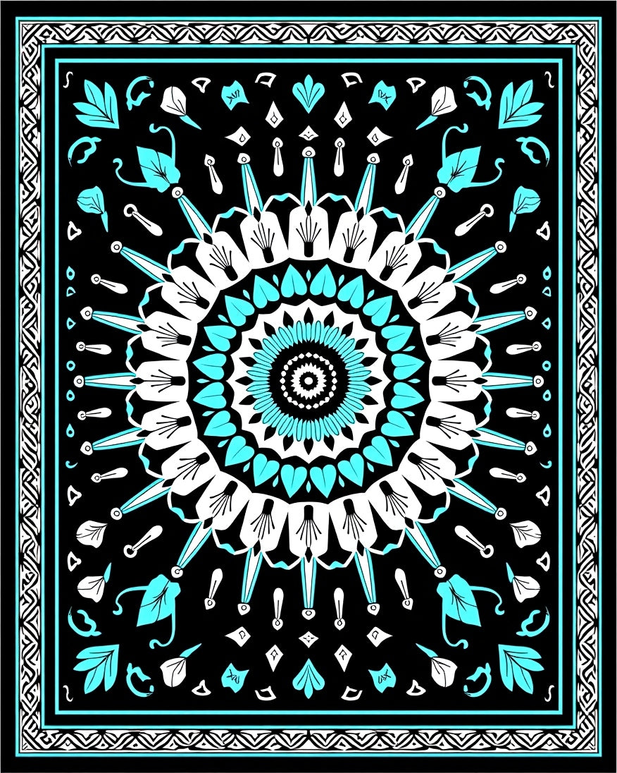 Black Turquoise White Sunburst Medallion Rug