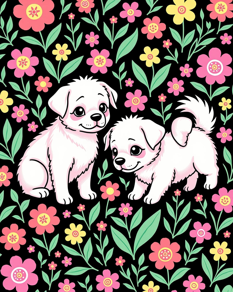 Cute Puppies Pink Flower Garden Rug