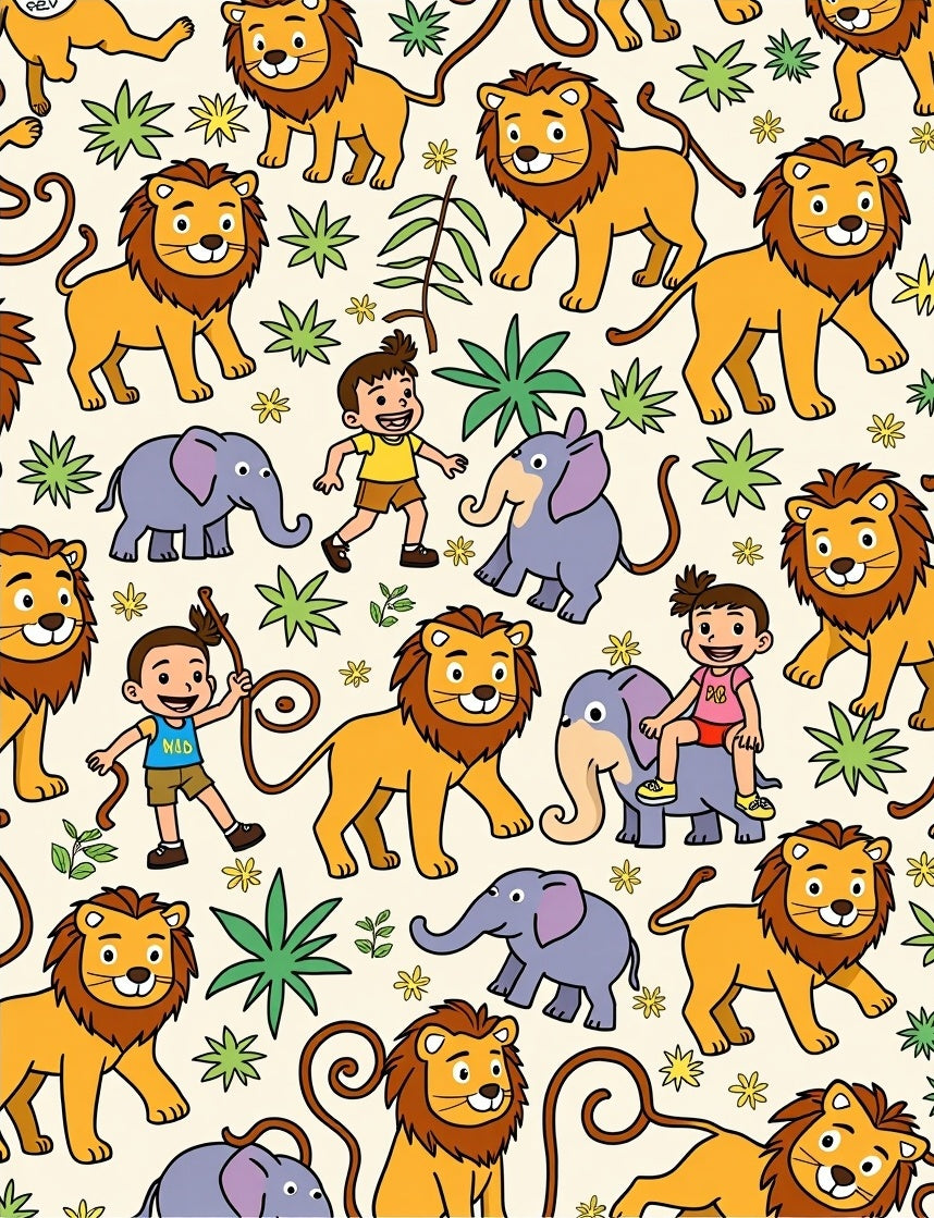 Cute Cartoon Lions Elephants Woodland Kids Rug