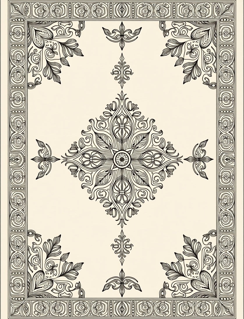 Ornate Vintage Black Cream Medallion Border Rug