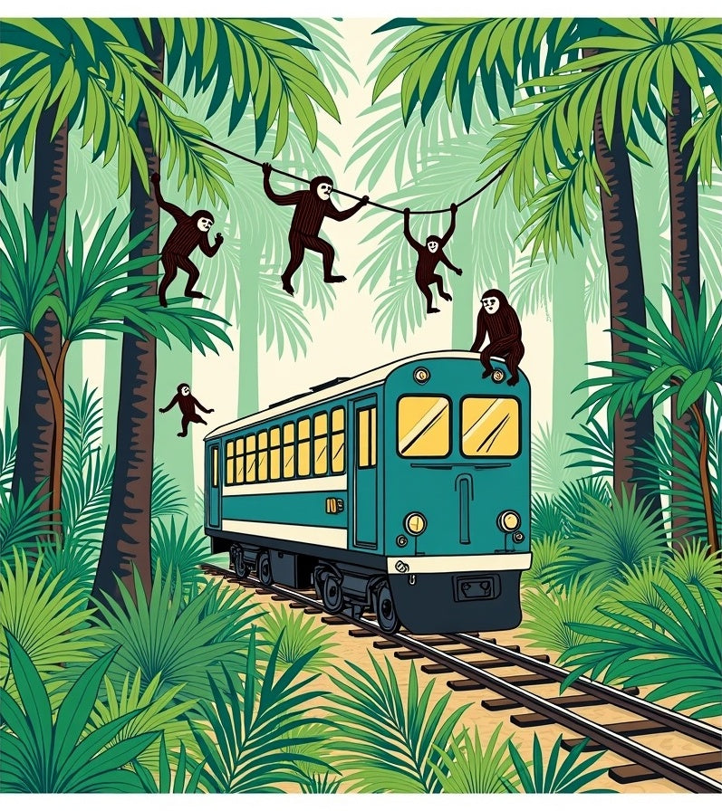 Jungle Train Monkeys Tropical Lush Green Rug