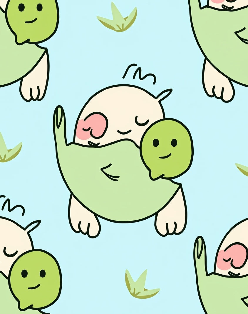 Cute Cream Green Character Repeating Landscape Rug