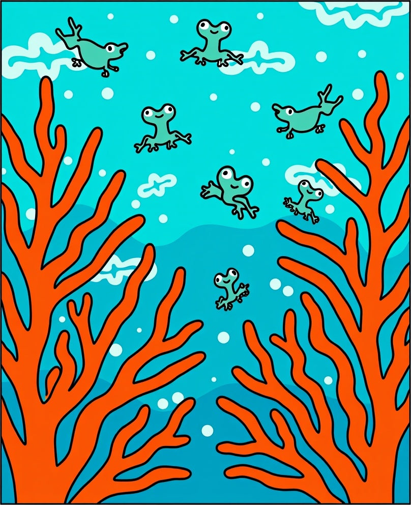 Whimsical Teal Frogs Coral Scene Rug