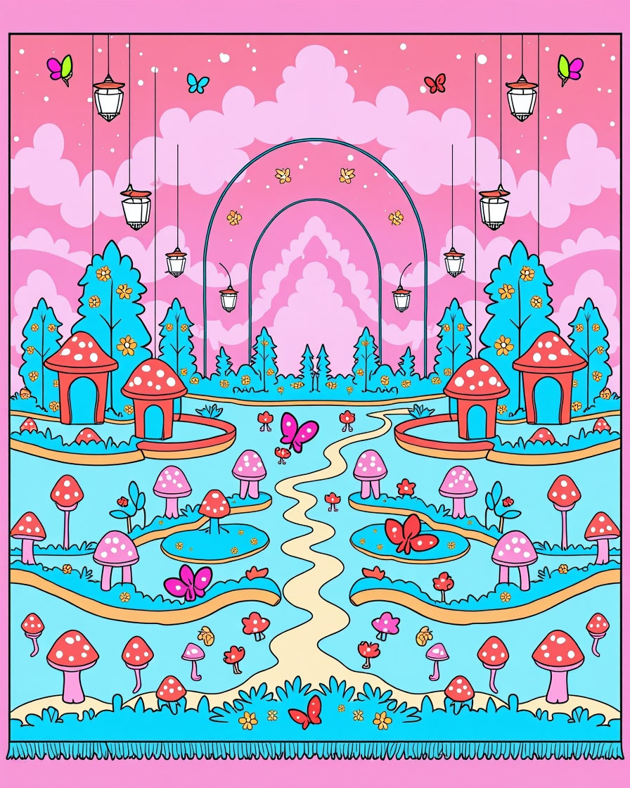 Whimsical Pink Red Mushroom Garden Rug
