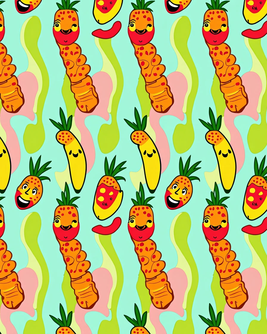 Kooky Fruit Characters Swirling Abstract Background Rug