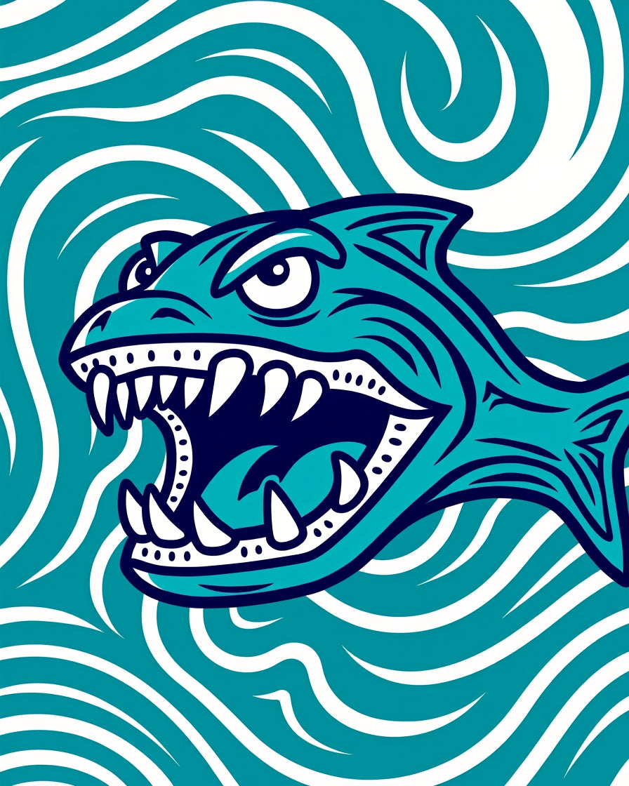 Fierce Teal Shark Ocean Waves Rug