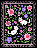 Floral Bordered Puppy Garden Black Rug