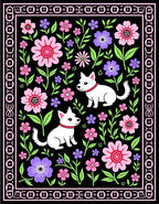 Floral Bordered Puppy Garden Black Rug