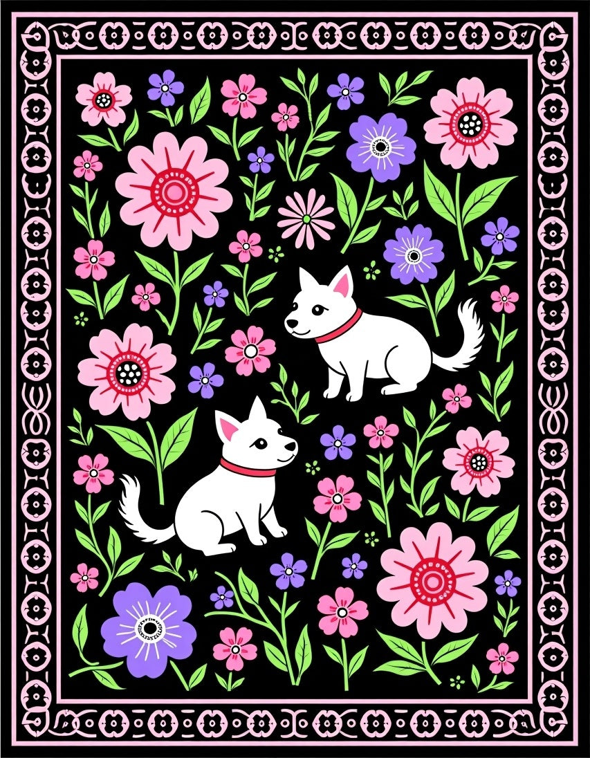 Floral Bordered Puppy Garden Black Rug