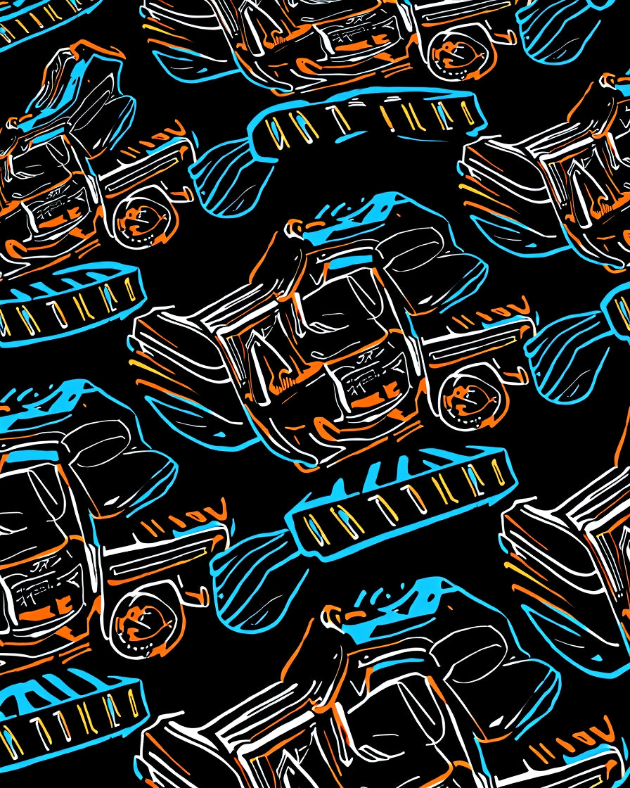 Bold Orange Blue Sketch Cars Rug