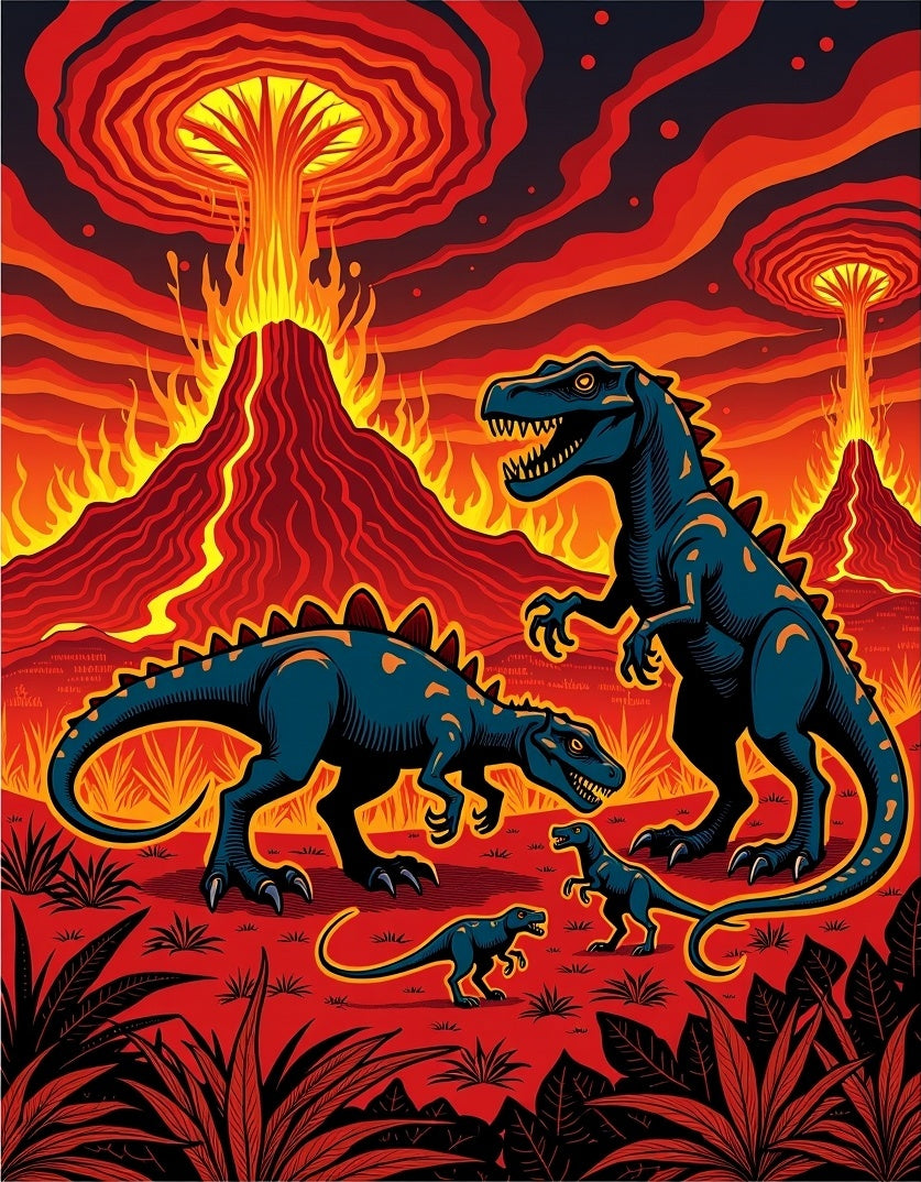 Fiery Volcano Dinosaur Family Scene Rug