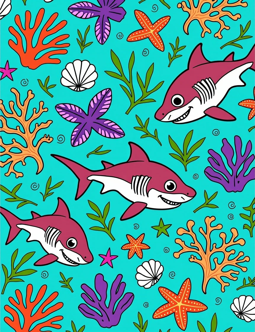 Happy Sharks Coral Reef Seabed Scene Rug