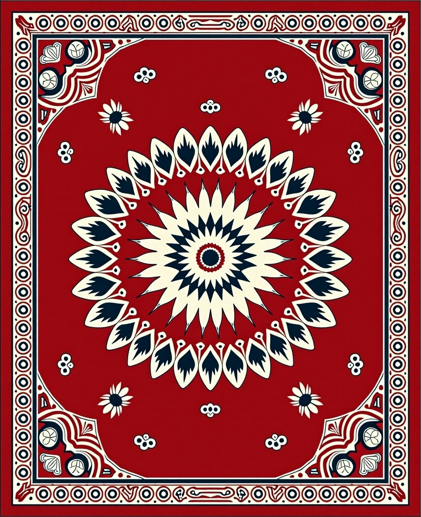 Crimson Starburst Floral Border Rug