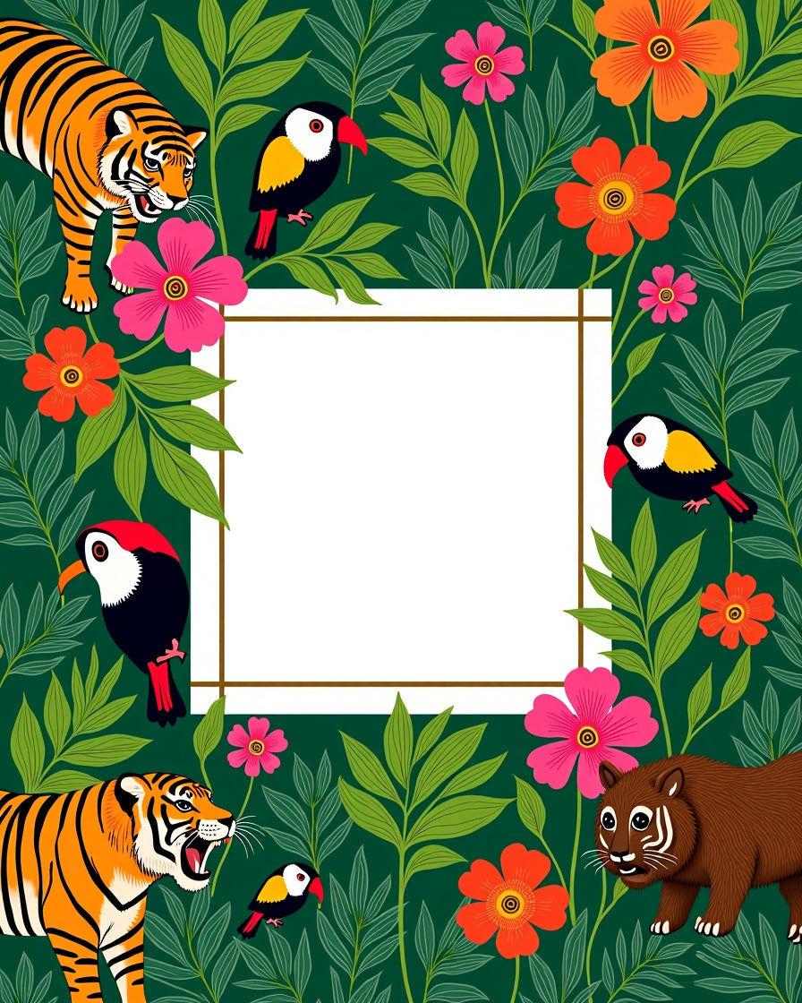 Vibrant Jungle Animals Floral Frame Rug