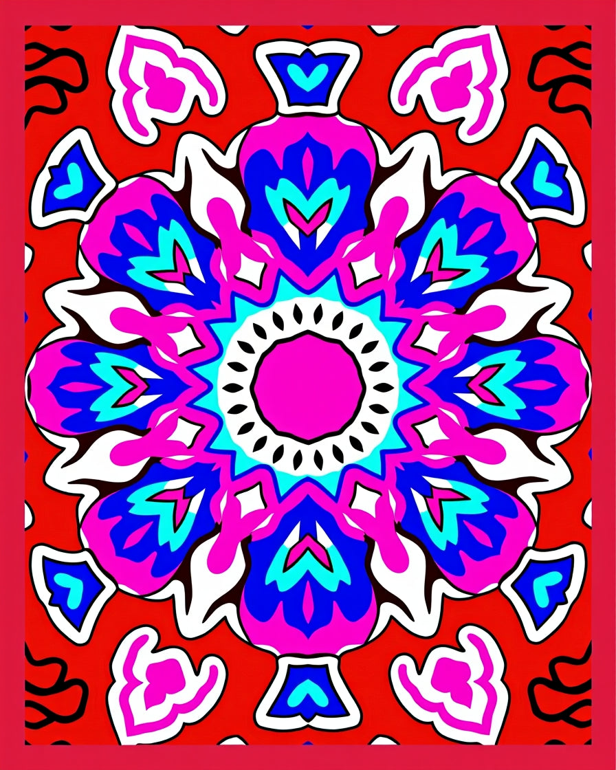 Vibrant Fuchsia Blue Red Mandala Rug