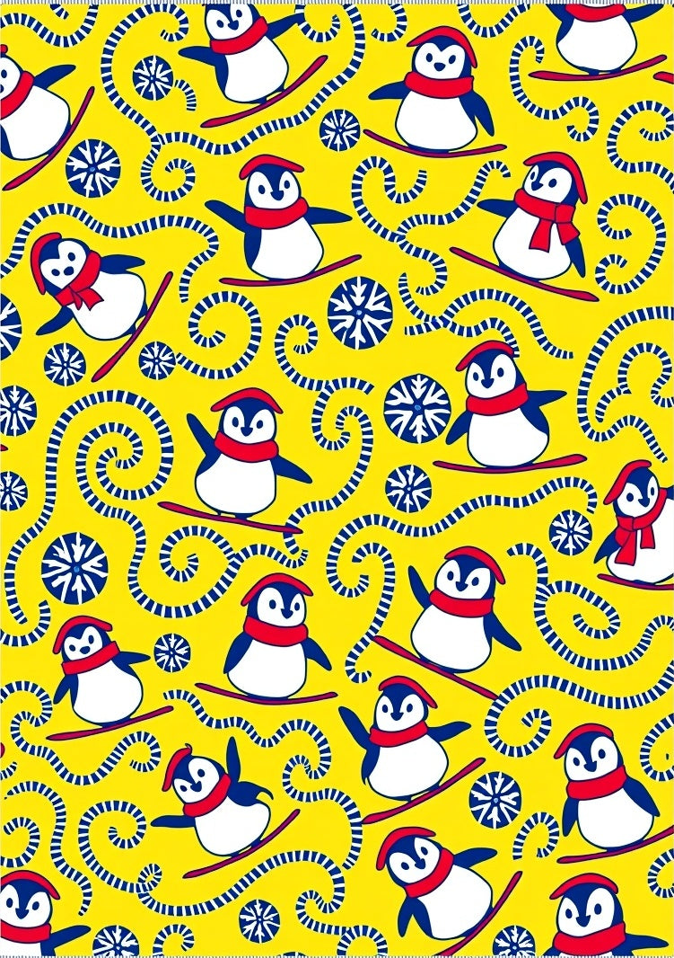 Yellow Skiing Penguin Swirl Snowflakes Rug