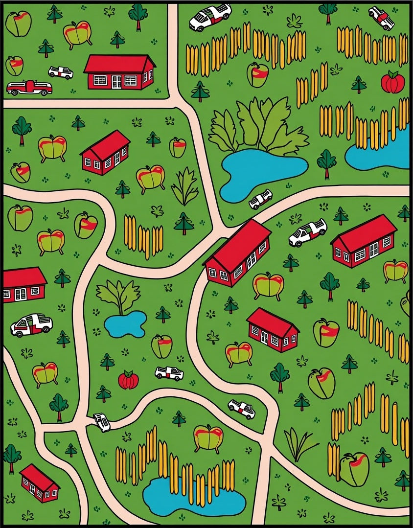 Whimsical Apple Orchard Village Scene Rug
