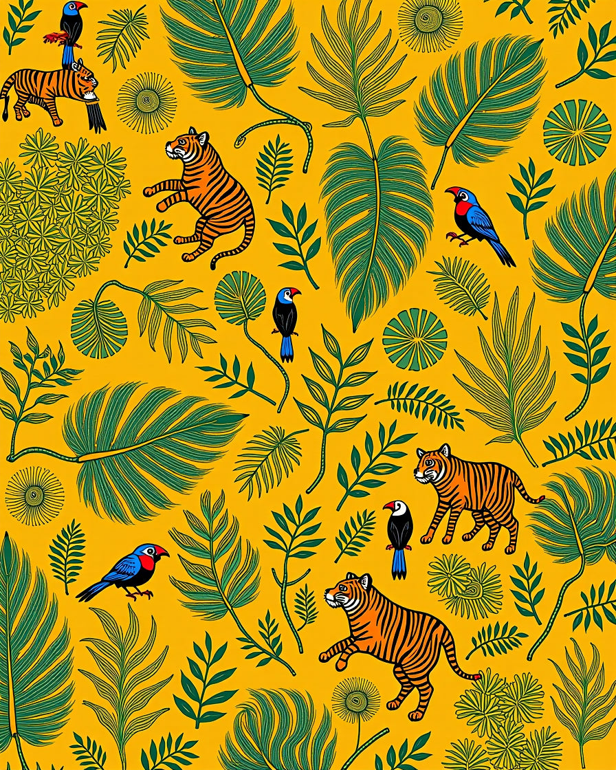 Whimsical Tiger Bird Tropical Foliage Rug
