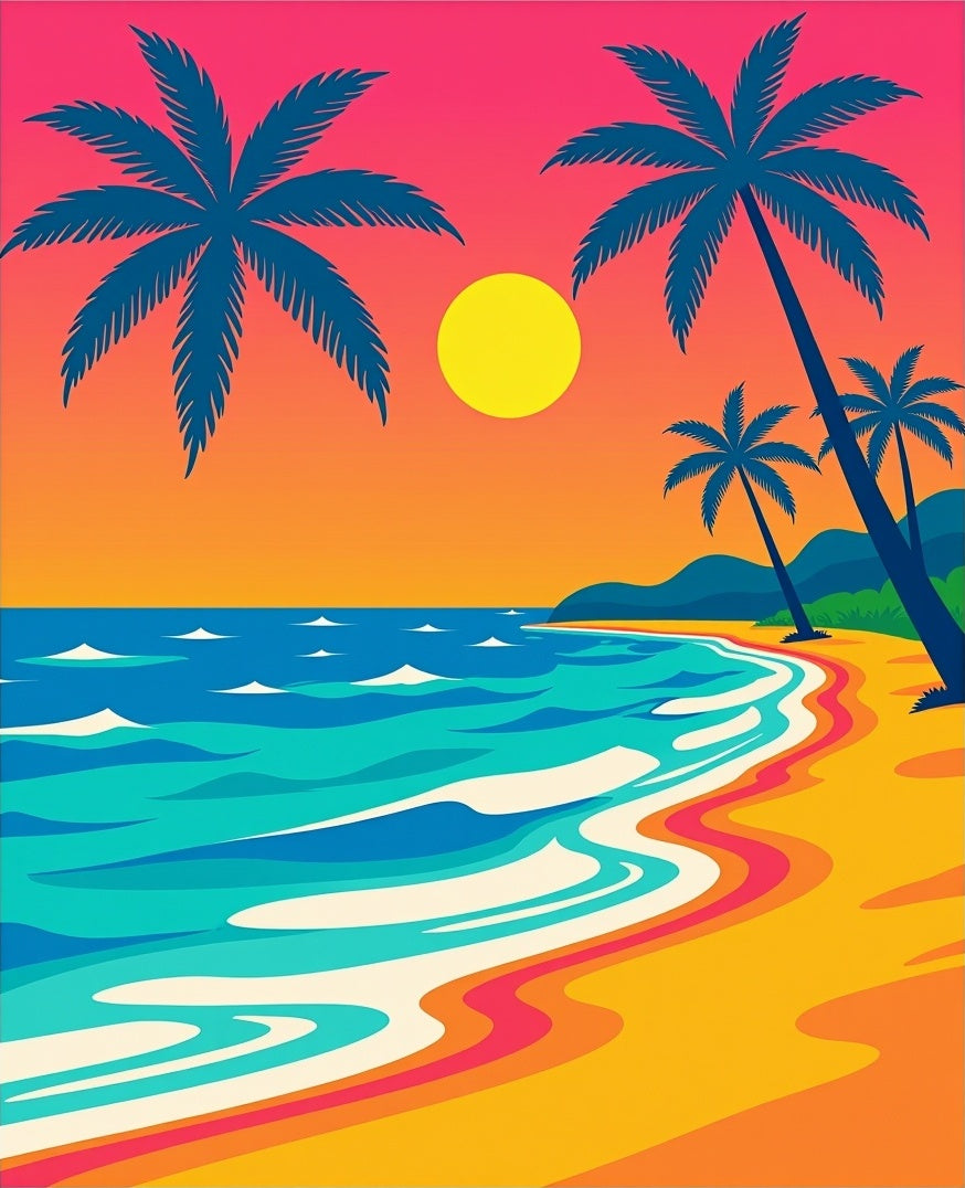 Tropical Sunset Palm Trees Ocean Waves Rug