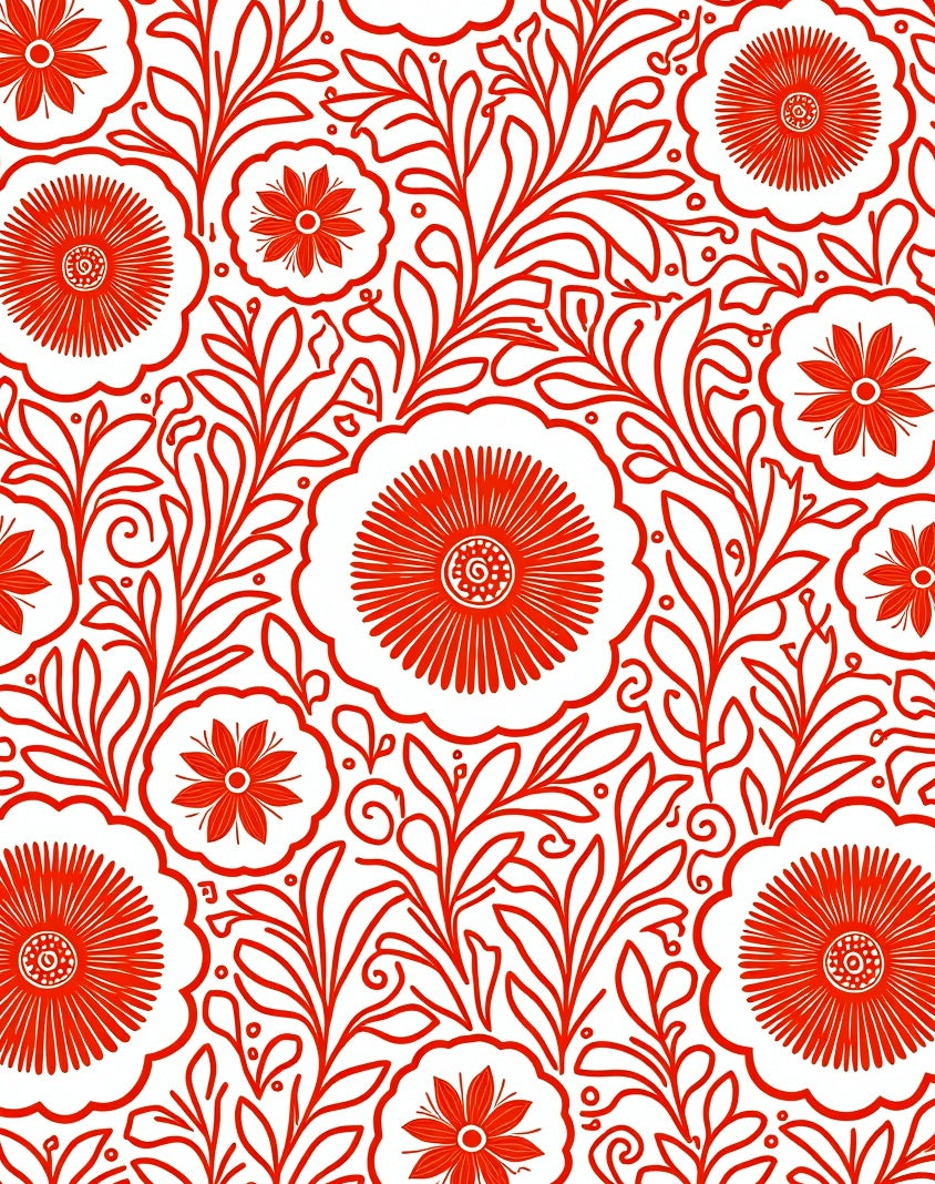 Vibrant Red Folk Floral Swirls Rug