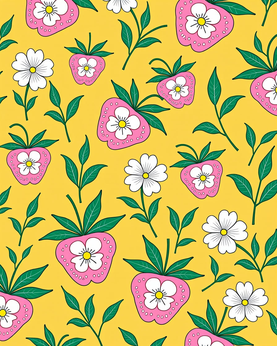Pink Strawberry White Flower Yellow Background Rug