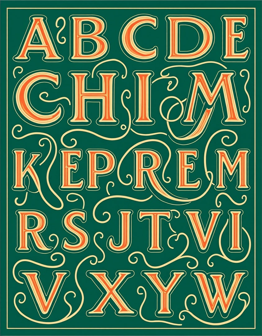 Ornate Alphabet Green Cream Orange Rug