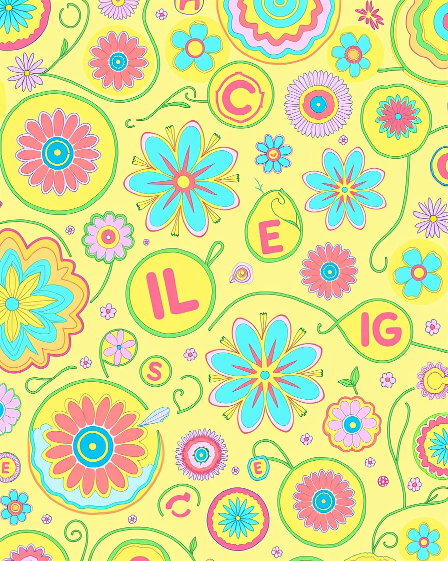 Groovy Yellow Floral Alphabet Medley Rug