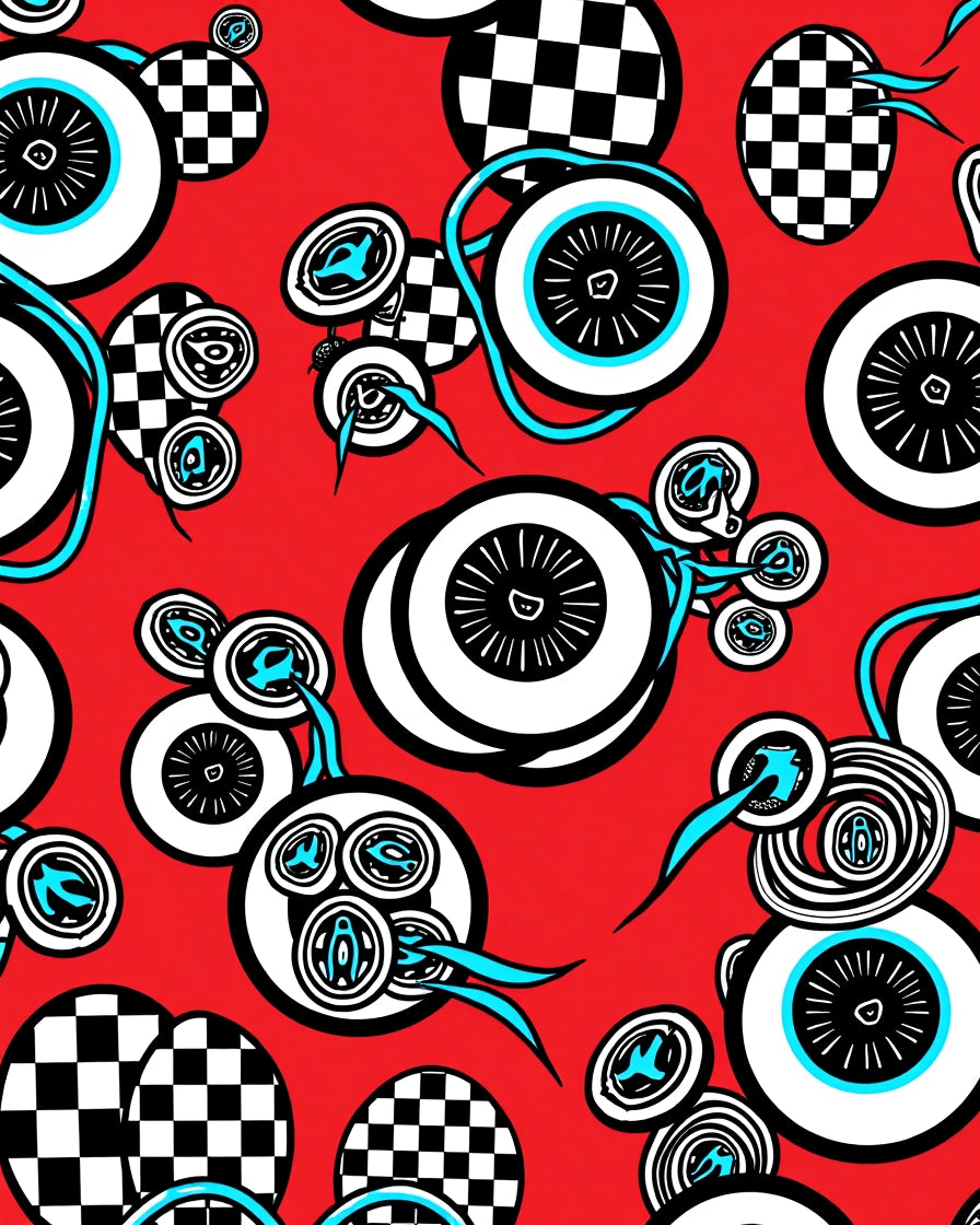 Retro Red Checkerboard Abstract Circles Rug