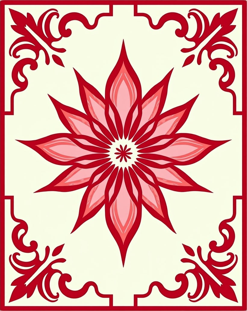Crimson Floral Medallion Tile Rug