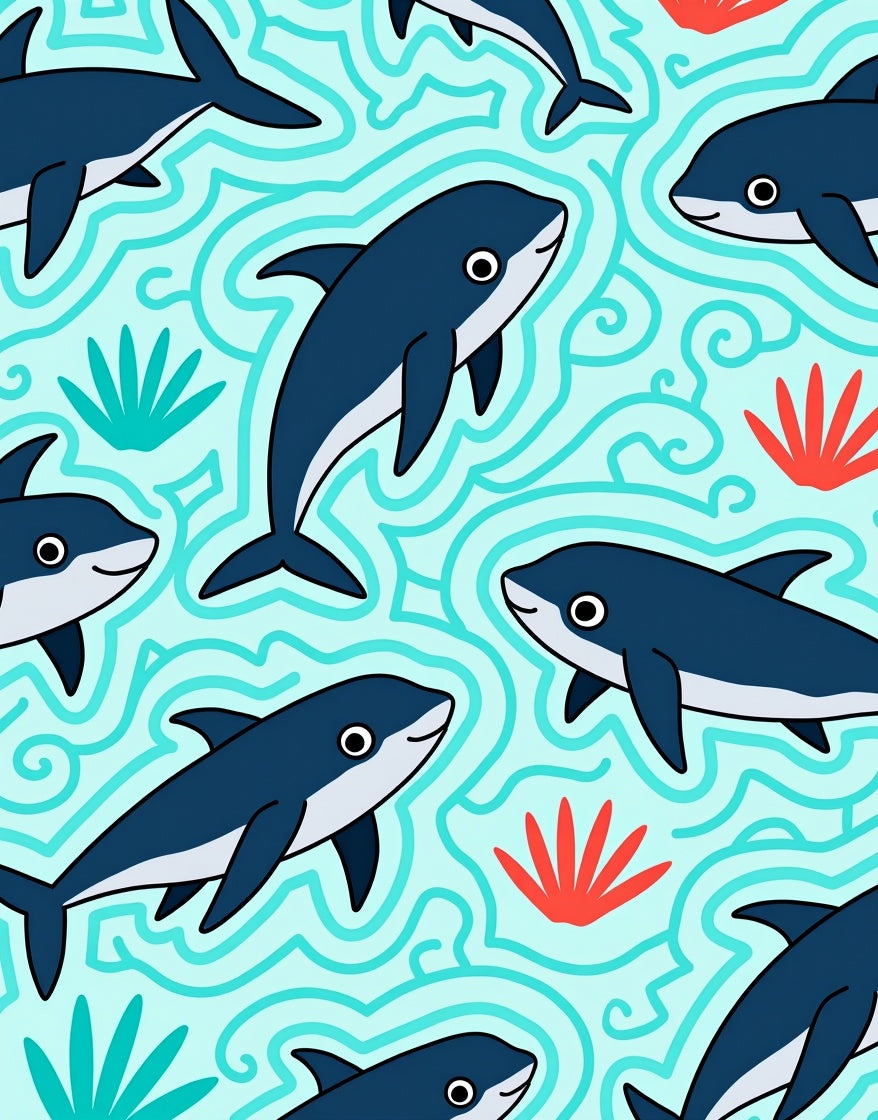 Playful Navy Dolphins Under Aqua Waves Rug