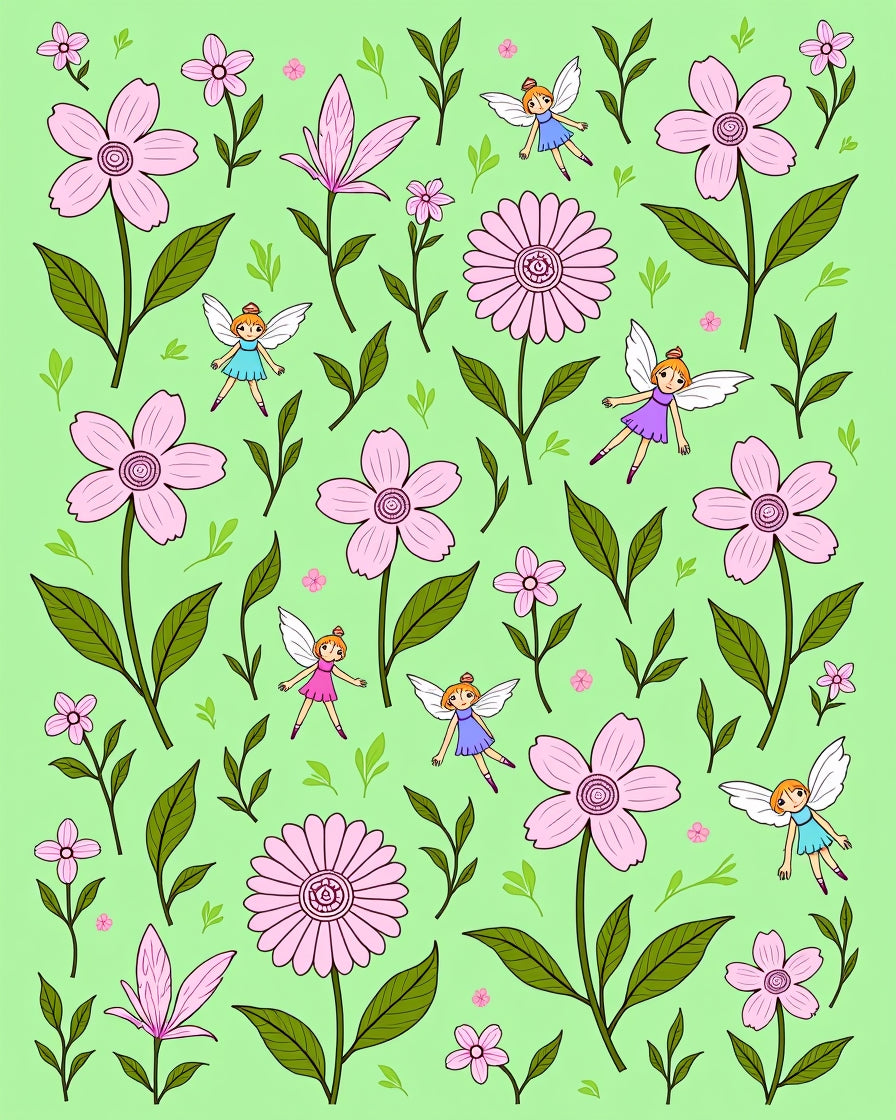 Whimsical Pink Fairy Floral Garden Print Rug