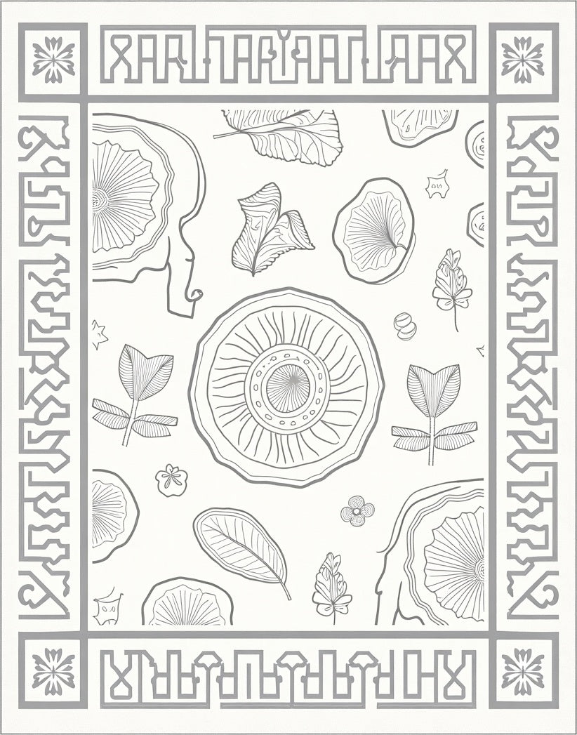 Gray Botanical Sketch Frame Rug