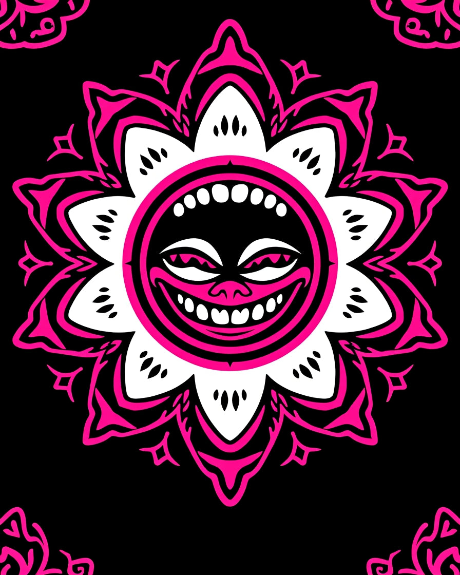 Vibrant Pink Grinning Sun Mandala Rug