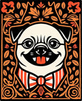 Whimsical Pug Portrait Orange Floral Border Rug
